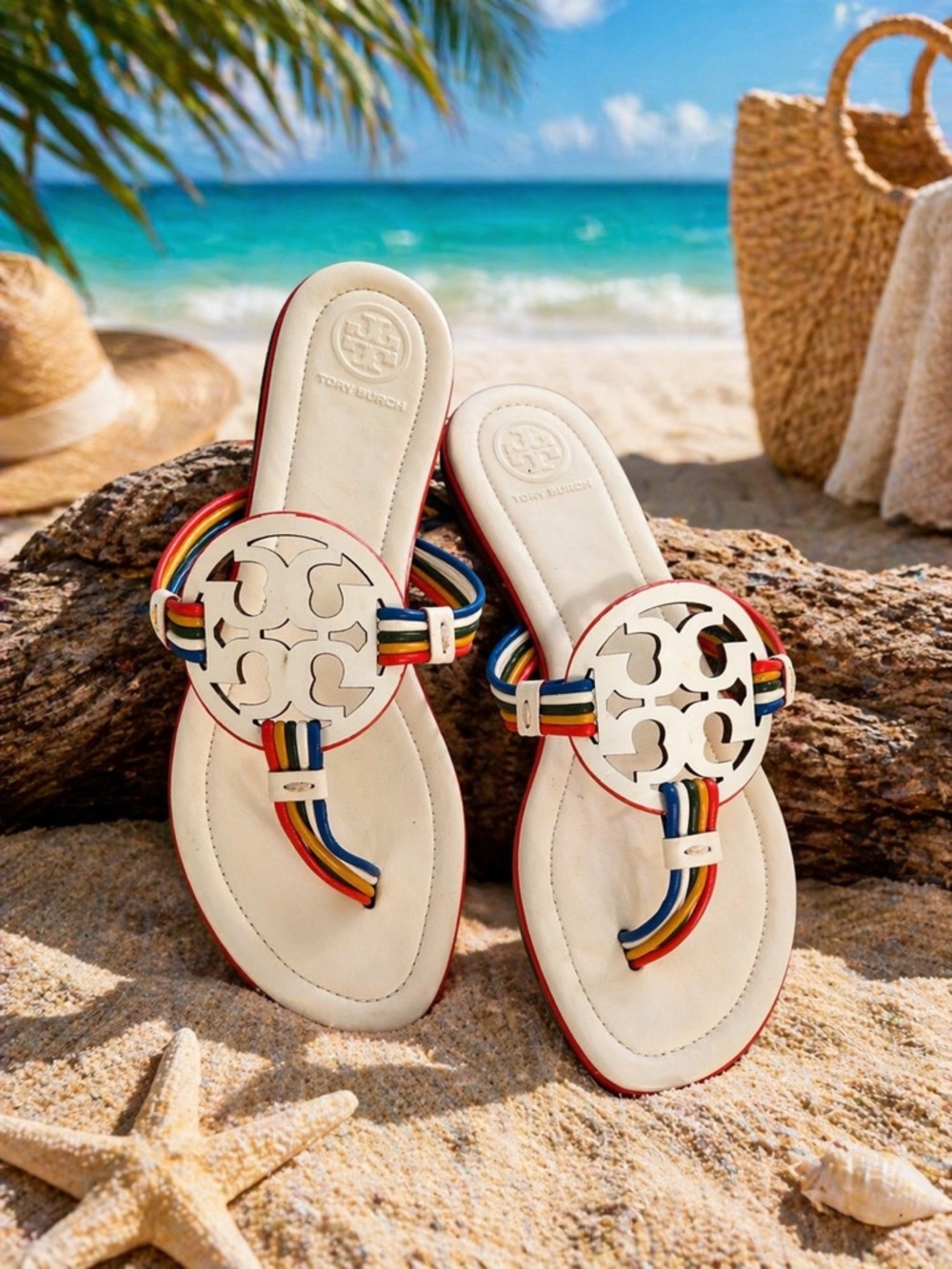 Tory Burch Ivory Leather Mignon Miller Sandals with Rainbow Straps